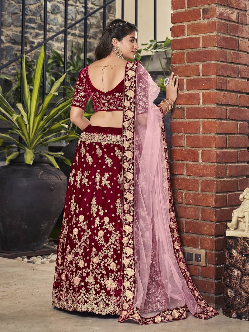 Blood Red Golden Embroidered Velvet Bridal Lehenga Choli