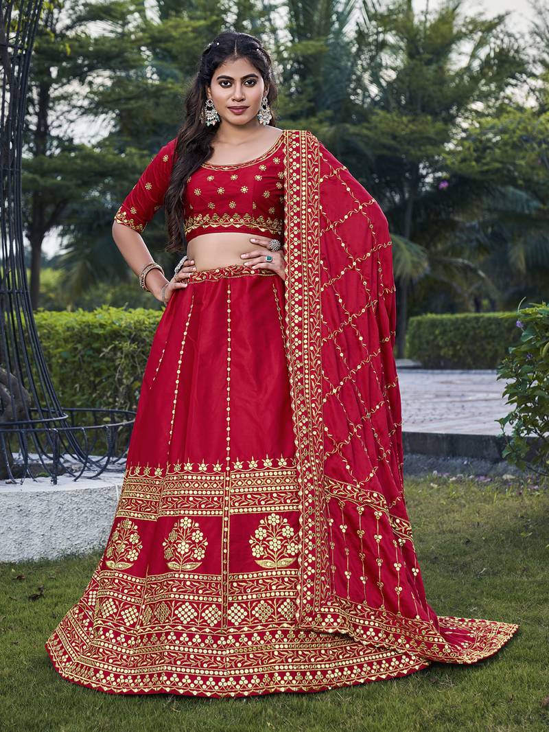 Crimson Red Golden Embroidered Silk Bridal Lehenga Choli