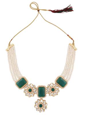 White Pearl and Green Emerald Choker Necklace Set 2