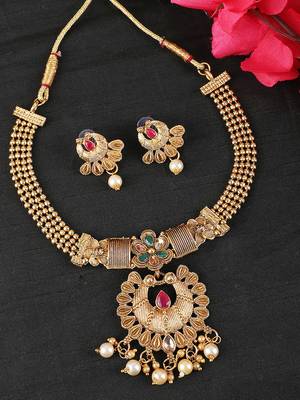 Gold Plated Traditional Filgaree Stone and Pearl Brass Necklace with Earring 1