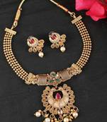 Gold Plated Traditional Filgaree Stone and Pearl Brass Necklace with Earring