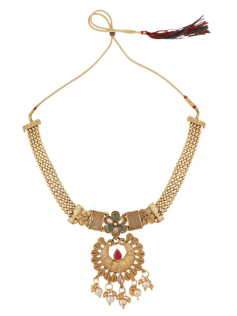 Gold Plated Traditional Filgaree Stone and Pearl Brass Necklace with Earring