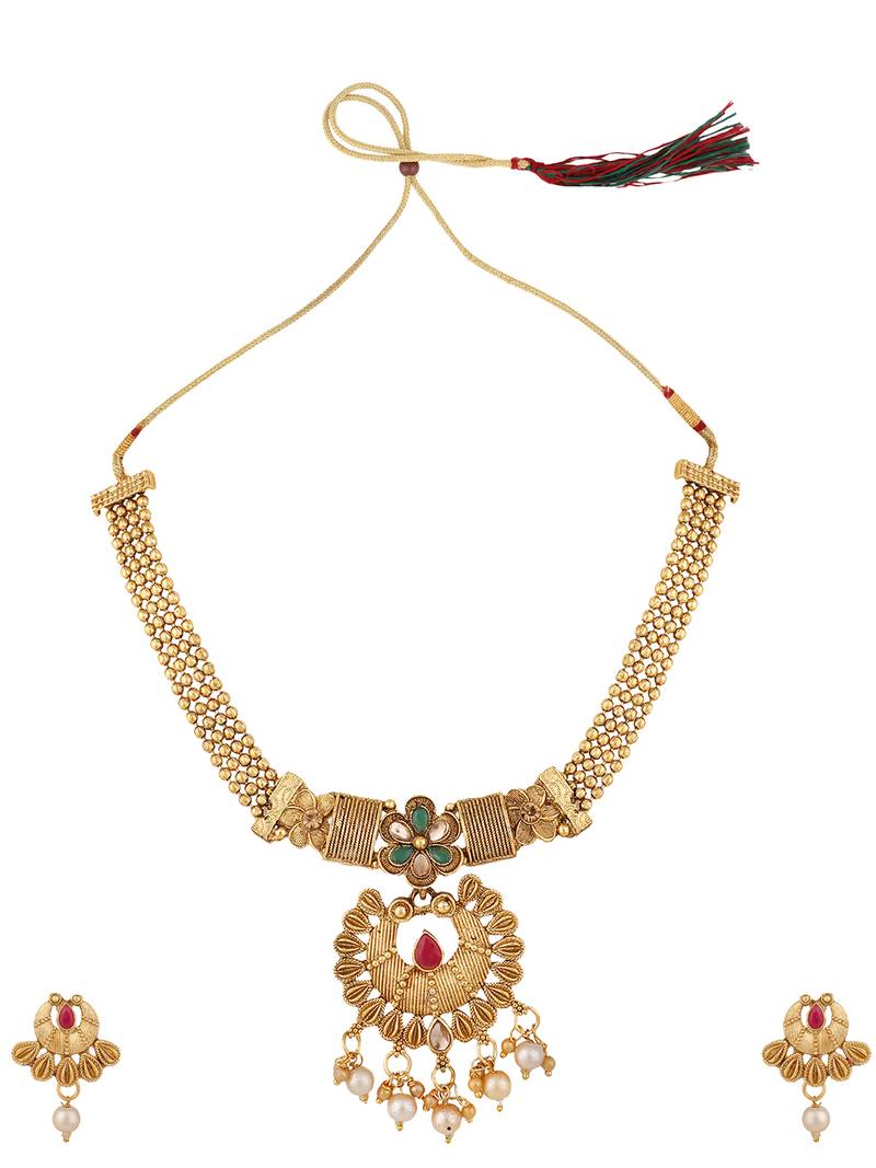 Gold Plated Traditional Filgaree Stone and Pearl Brass Necklace with Earring