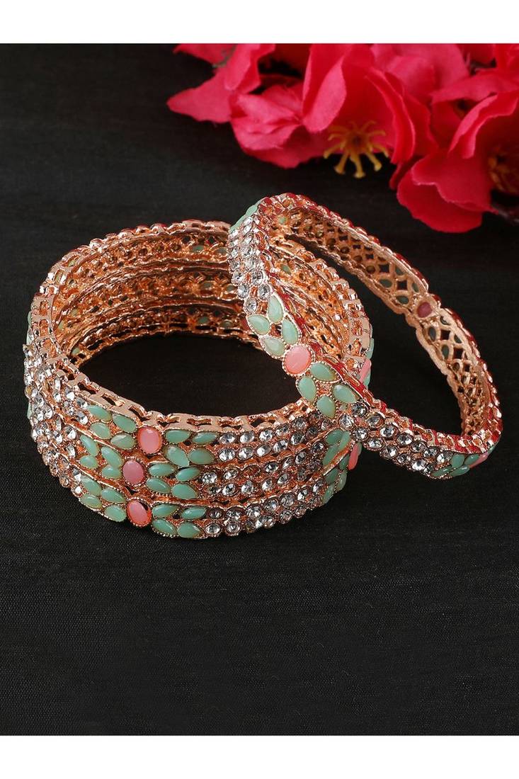Set Of 2 Rose Gold-Plated & Sea-Green Baby Pink AD-Studded Bangles