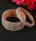 Set Of 2 Rose Gold-Plated & Sea-Green Baby Pink AD-Studded Bangles