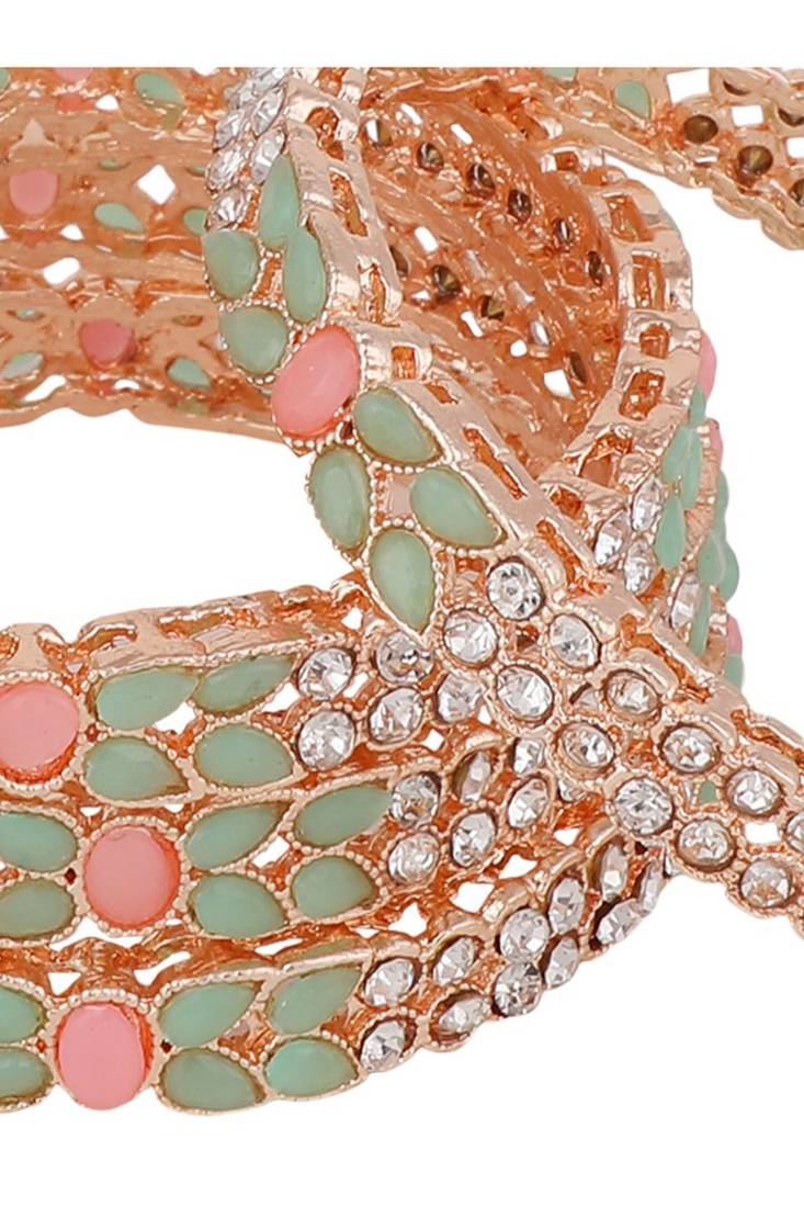 Set Of 2 Rose Gold-Plated & Sea-Green Baby Pink AD-Studded Bangles