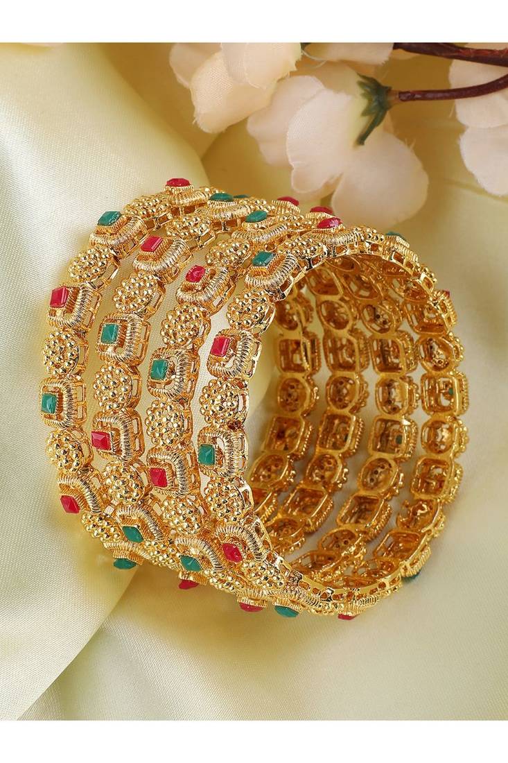 Set Of 4 Gold Plated & White AD Studded Designer Bangles - Styylo ...