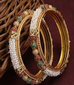 Set of 2 Gold Plated Pearl Studded & Beaded Bangles