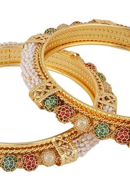 Set of 2 Gold Plated Pearl Studded & Beaded Bangles 3