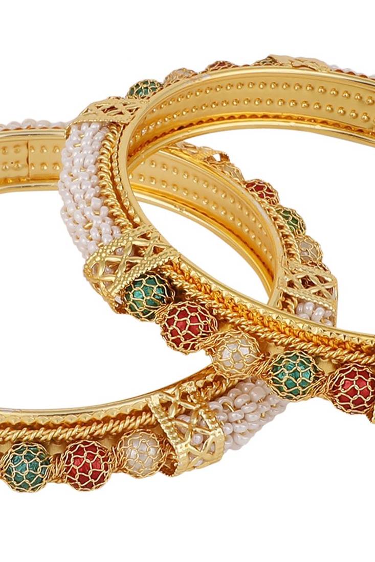 Set of 2 Gold Plated Pearl Studded & Beaded Bangles