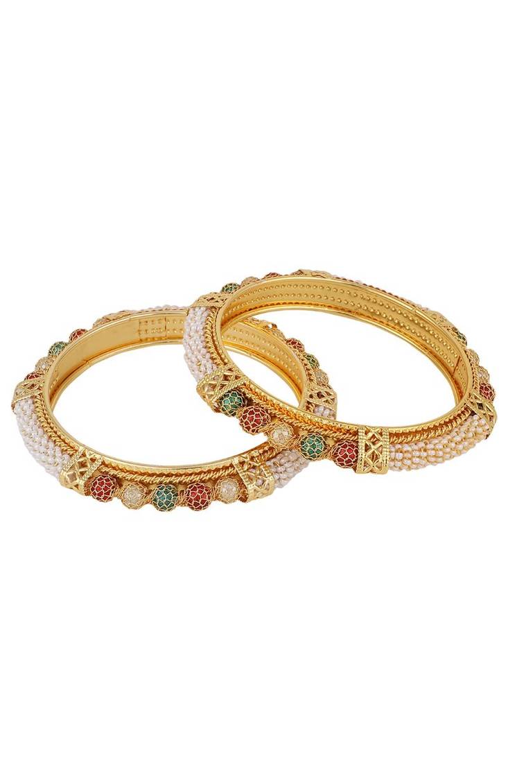 Set of 2 Gold Plated Pearl Studded & Beaded Bangles