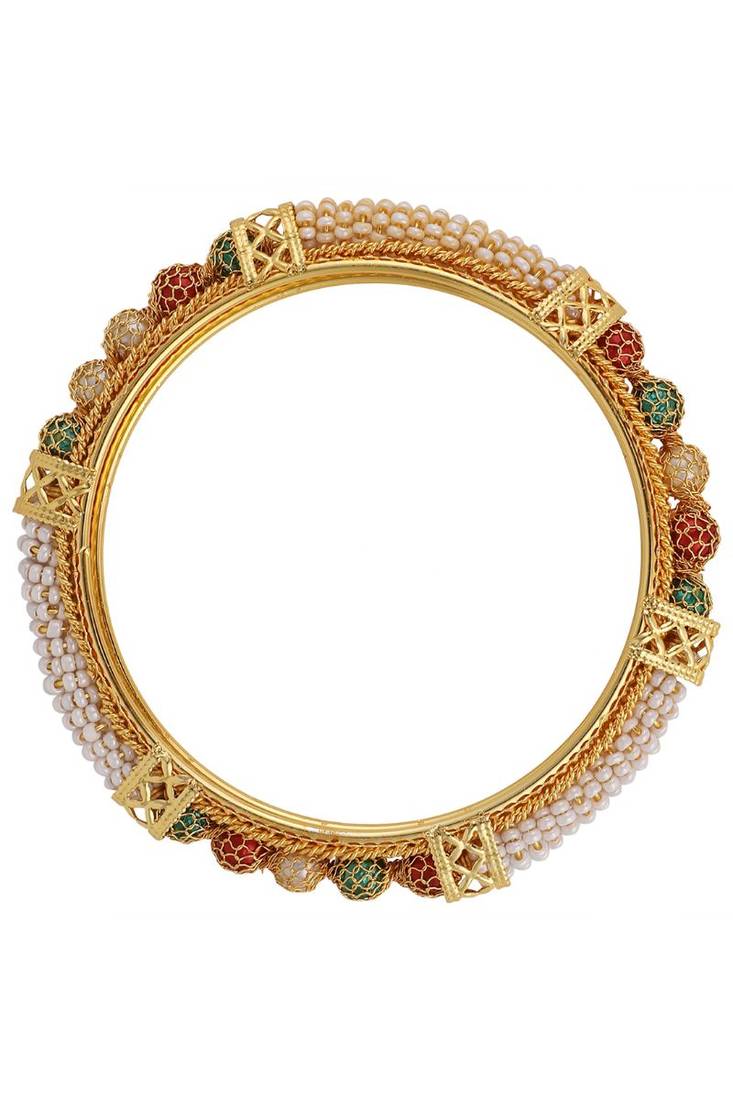 Set of 2 Gold Plated Pearl Studded & Beaded Bangles