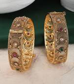 Set of 2 24K Gold-Plated Red & Green Ruby Stone-Studded Filigree Handcrafted Bangles