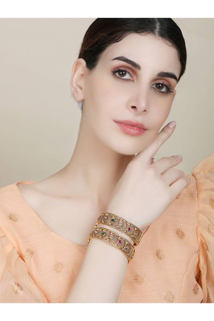 Set of 2 24K Gold-Plated Red & Green Ruby Stone-Studded Filigree Handcrafted Bangles
