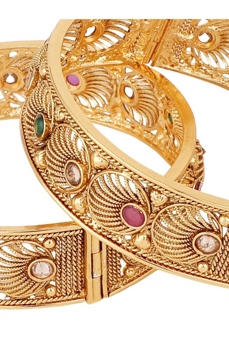 Set of 2 24K Gold-Plated Red & Green Ruby Stone-Studded Filigree Handcrafted Bangles