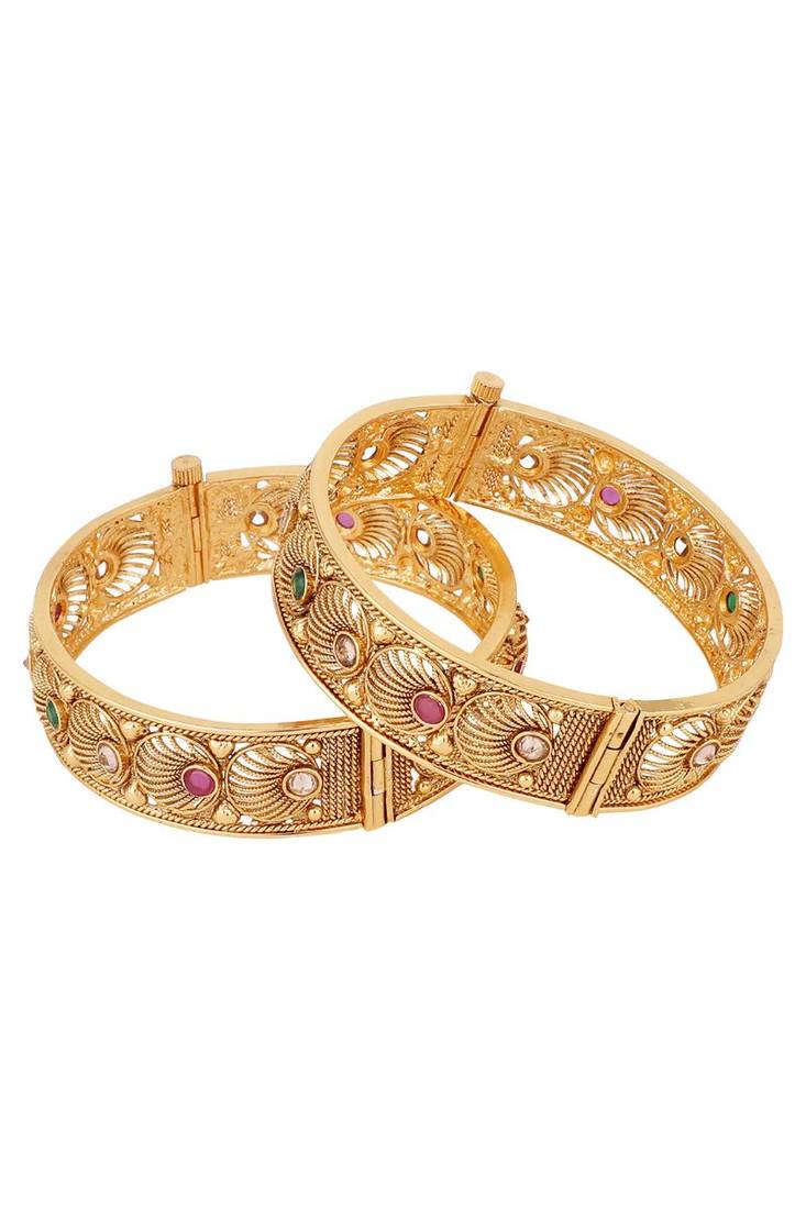 Set of 2 24K Gold-Plated Red & Green Ruby Stone-Studded Filigree Handcrafted Bangles