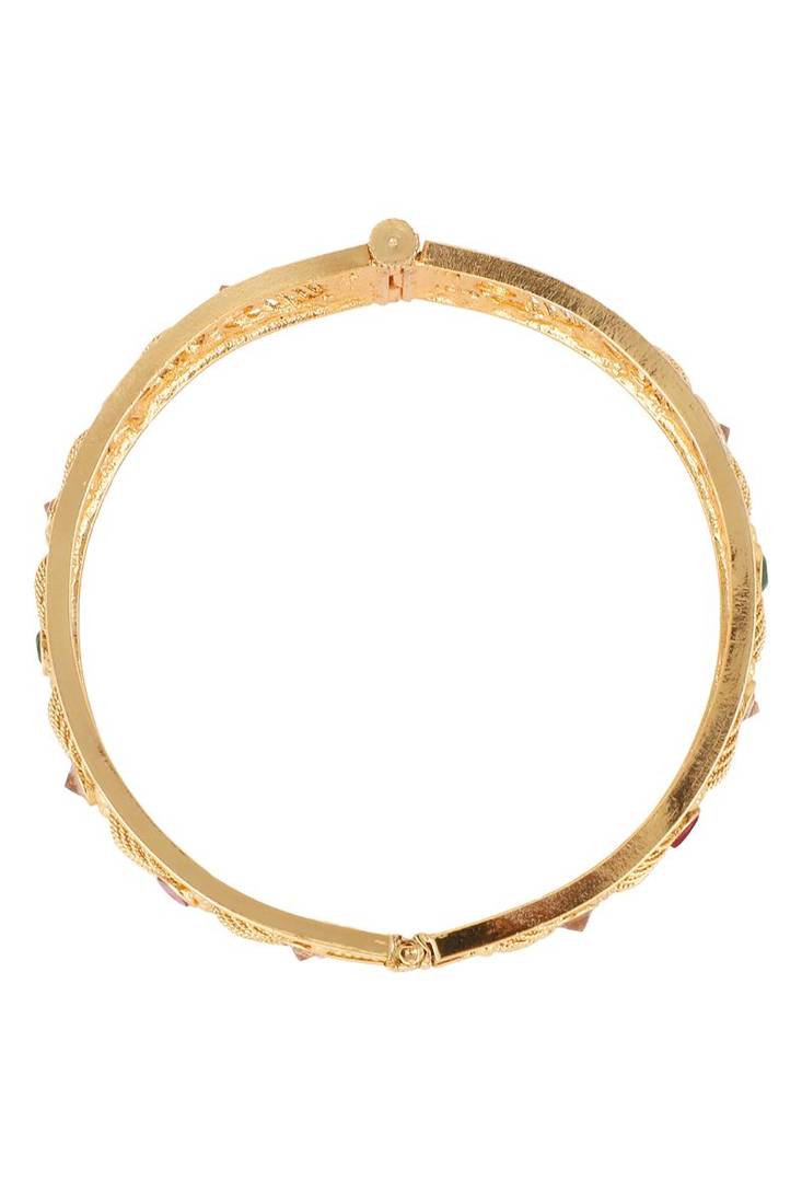 Set of 2 24K Gold-Plated Red & Green Ruby Stone-Studded Filigree Handcrafted Bangles