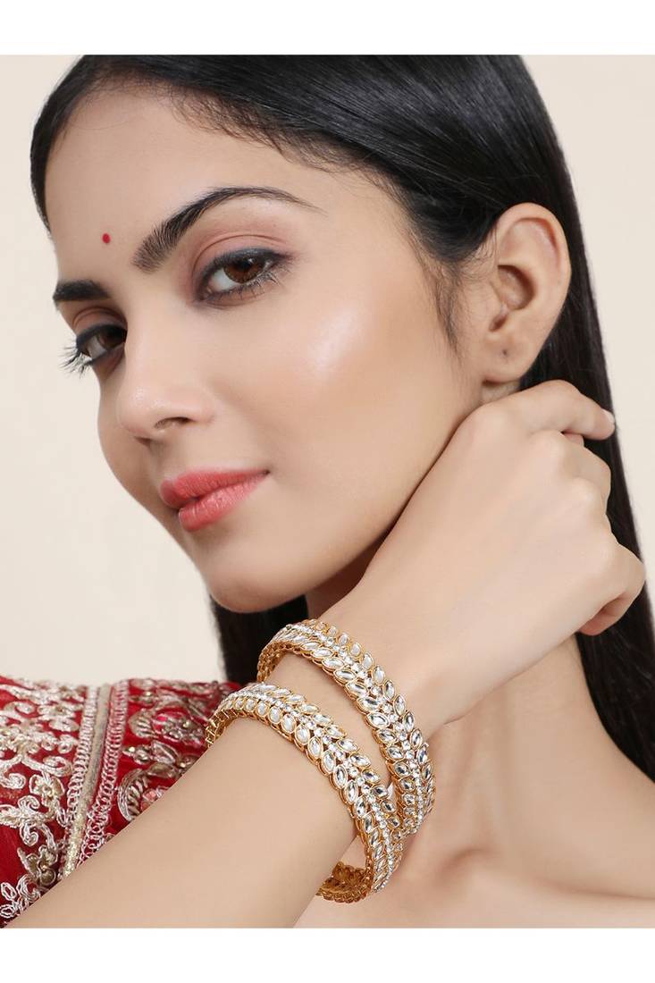 Women Pack Of 2 Gold-Plated & White AD-Studded Kada Bangle