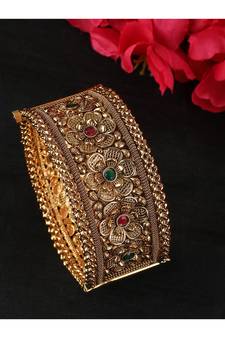 Gold & Pink 24CT Stone-Studded & Beaded Handcrafted Bangle
