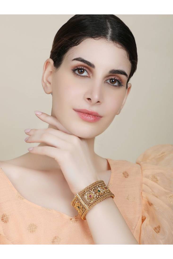 Gold & Pink 24CT Stone-Studded & Beaded Handcrafted Bangle