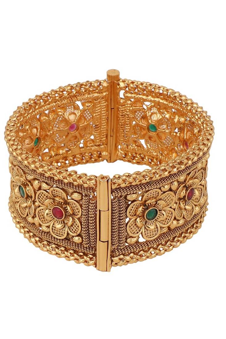 Gold & Pink 24CT Stone-Studded & Beaded Handcrafted Bangle
