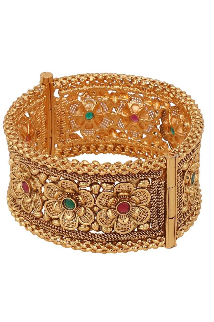 Gold & Pink 24CT Stone-Studded & Beaded Handcrafted Bangle