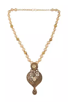 Antique Gold Plated Traditional Pendant Set with Pearl String