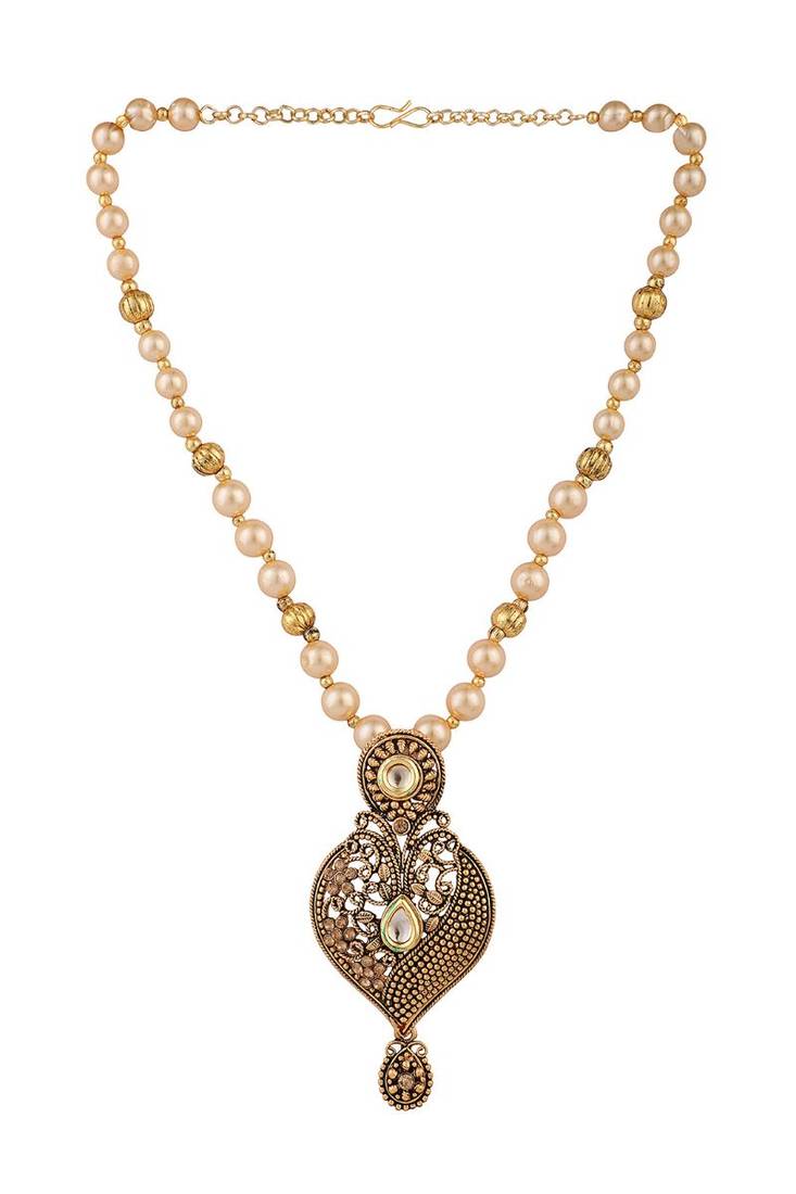 Antique Gold Plated Traditional Pendant Set with Pearl String