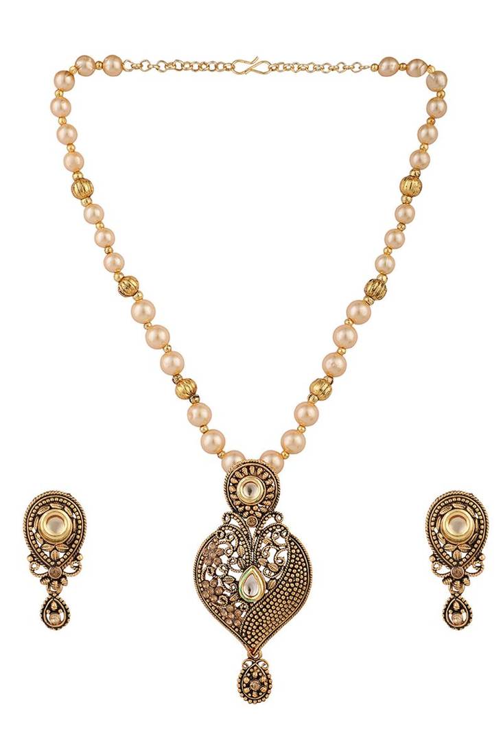 Antique Gold Plated Traditional Pendant Set with Pearl String