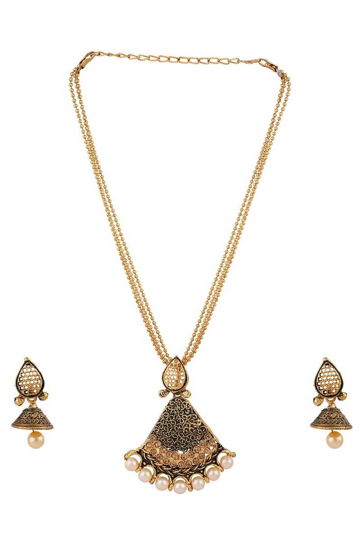 Antique Gold Plated Traditional Pendant Set with Pearl String