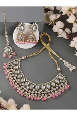 Traditional Pastal Pink Kundan Stone Brass Choker Set 1