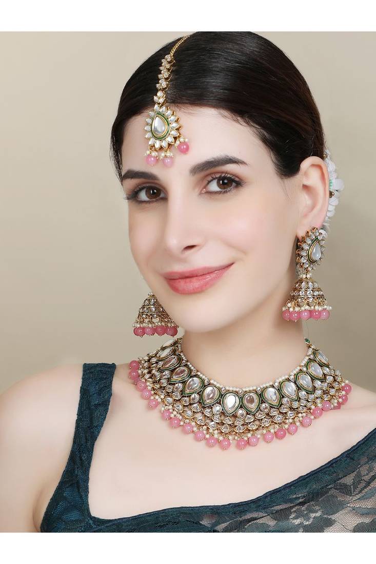 Traditional Pastal Pink Kundan Stone Brass Choker Set