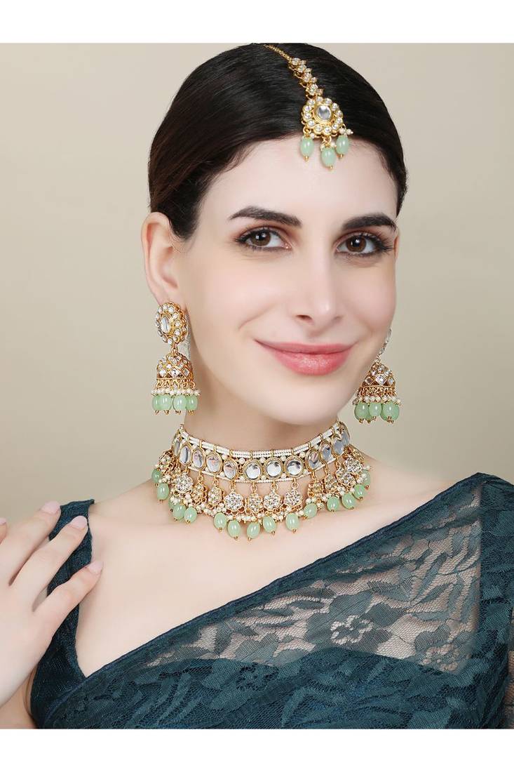 Styylo Fashion Sea Green Kundan Stone Brass Choker Set