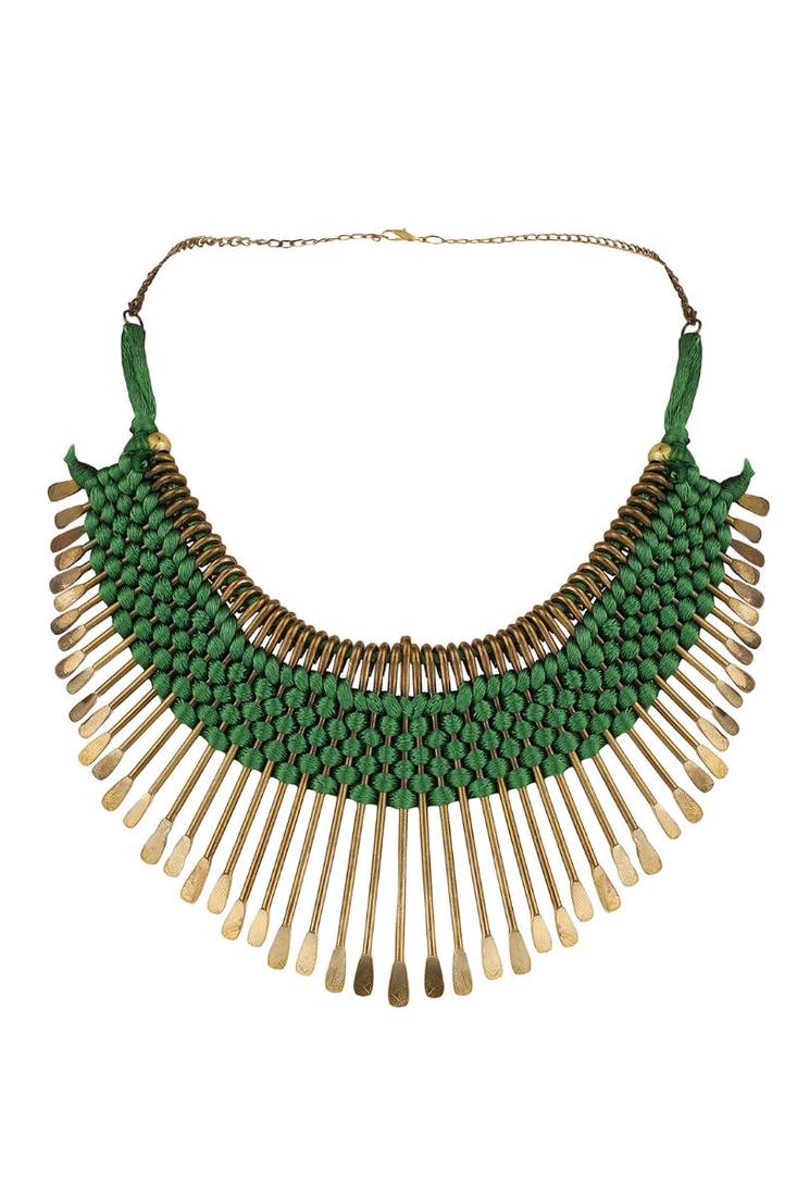 Stylish Gold Plated Thread Work Designer Green Necklace