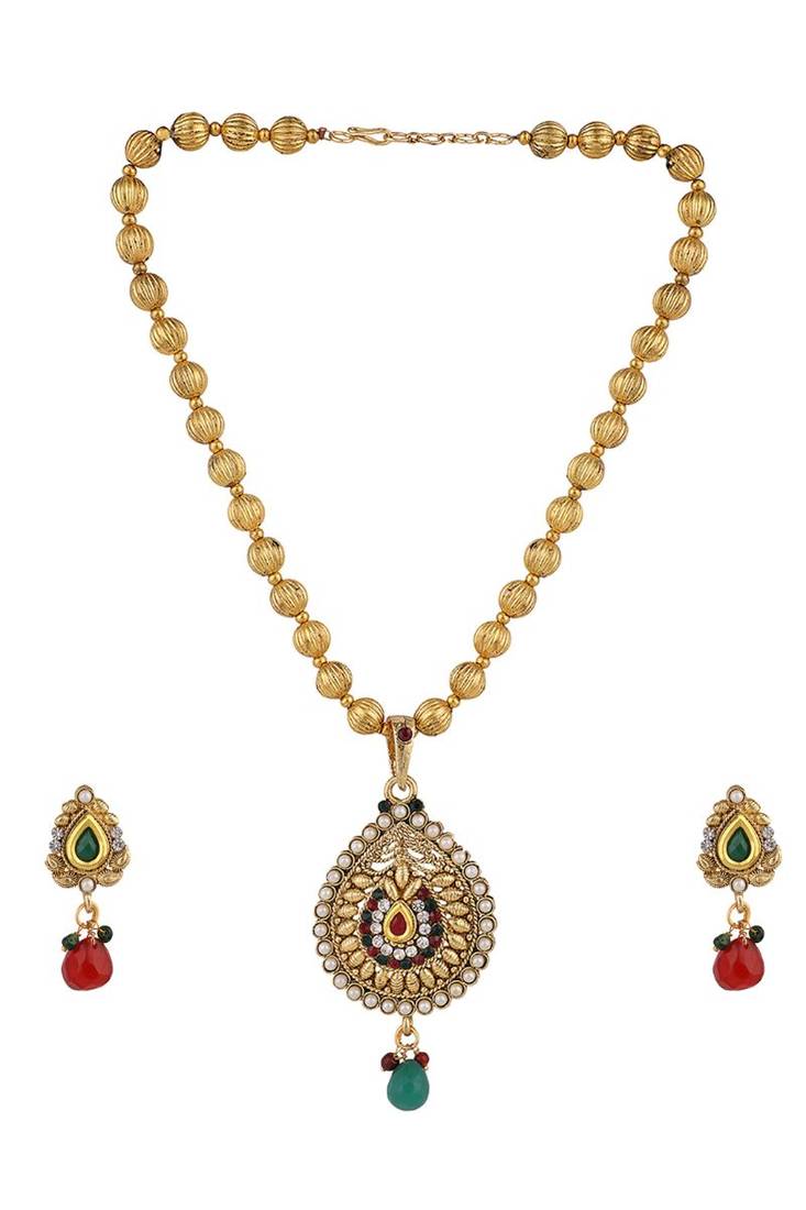 Gold Plated Multicolour Traditional Pearl Pendant Set with Earrings