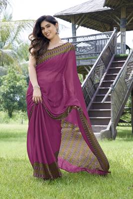Pink Plain Chiffon Saree With Blouse 1