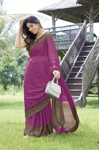 Pink Plain Chiffon Saree With Blouse
