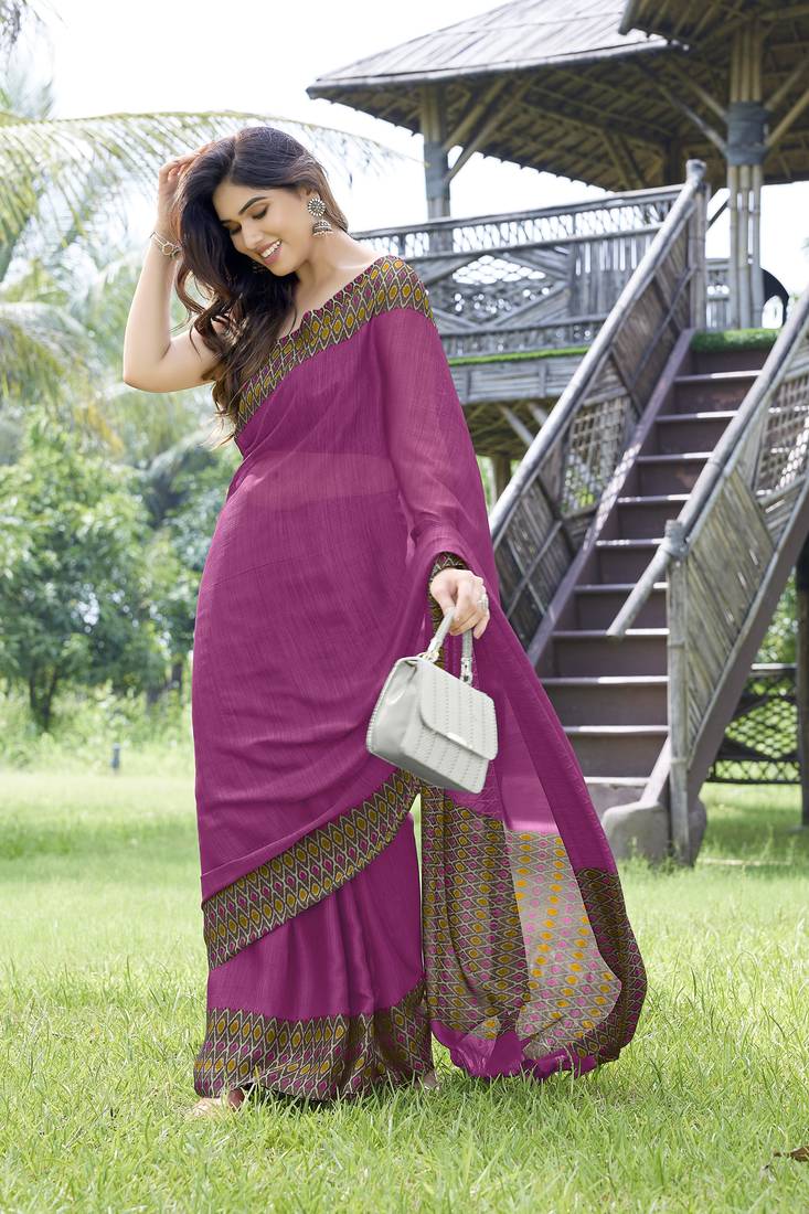 Pink Plain Chiffon Saree With Blouse