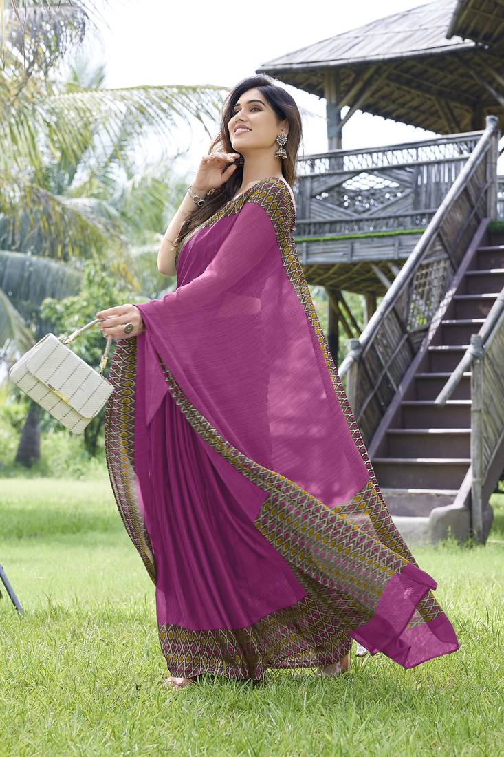 Pink Plain Chiffon Saree With Blouse
