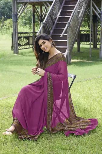 Pink Plain Chiffon Saree With Blouse