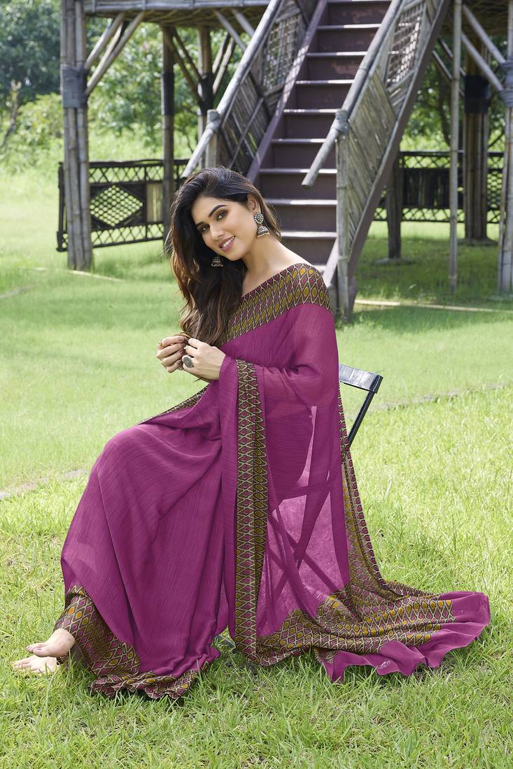 Pink Plain Chiffon Saree With Blouse