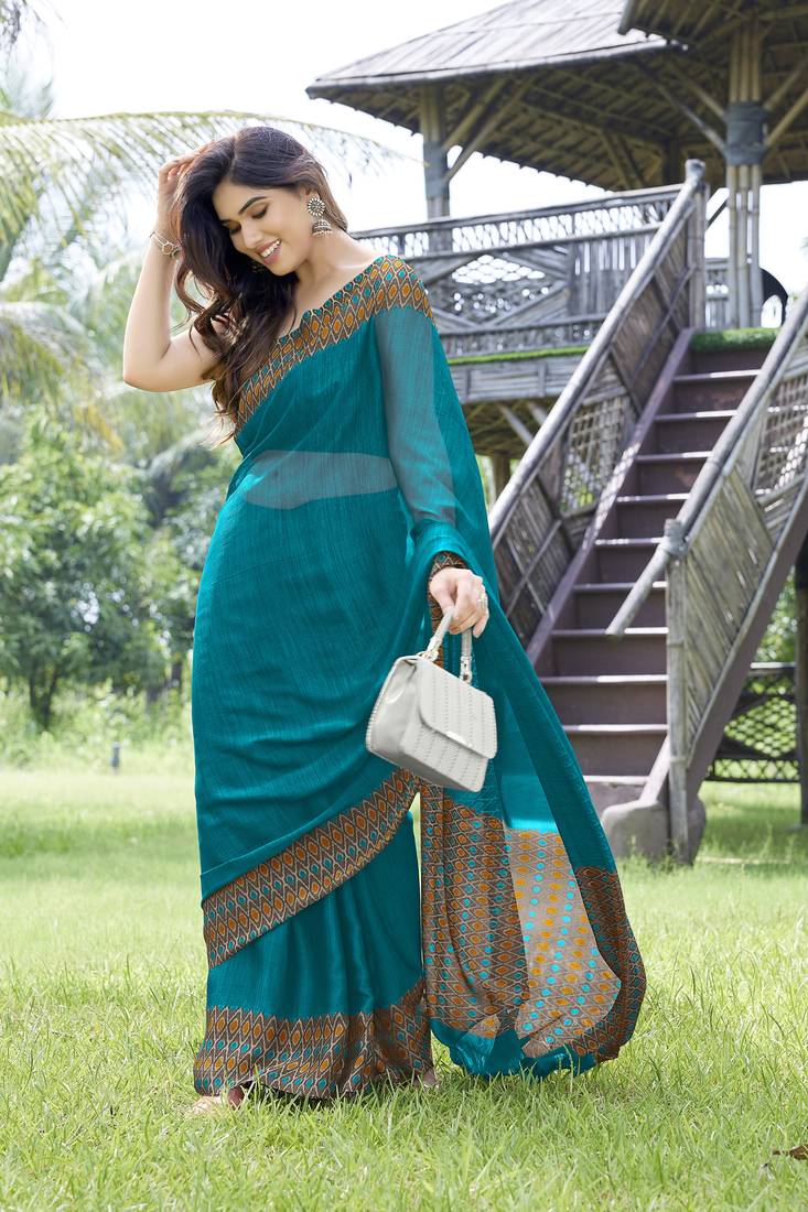 Turquoise plain chiffon saree with blouse