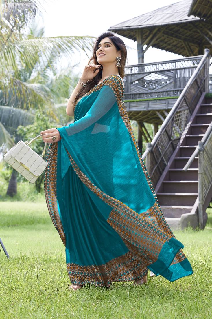 Turquoise plain chiffon saree with blouse