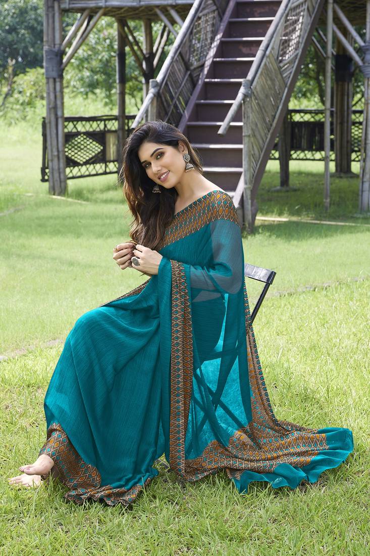 Turquoise plain chiffon saree with blouse