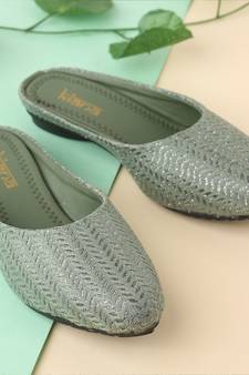 Green Textured Leather Ethnic Flats