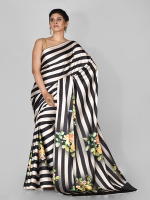 Black Printed Satin Saree With Blouse 1