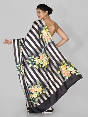 Black Printed Satin Saree With Blouse 2
