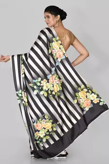 Black Printed Satin Saree With Blouse