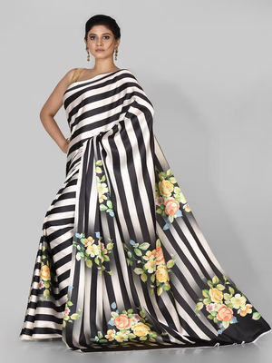 Black Printed Satin Saree With Blouse 3