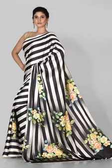 Black Printed Satin Saree With Blouse